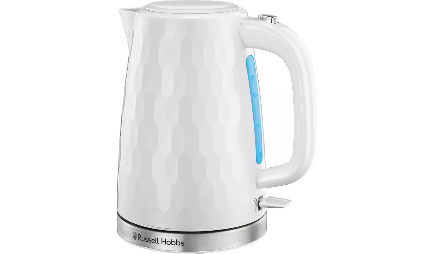 Russell Hobbs Honeycomb white plastic kettle with blue water level indicator