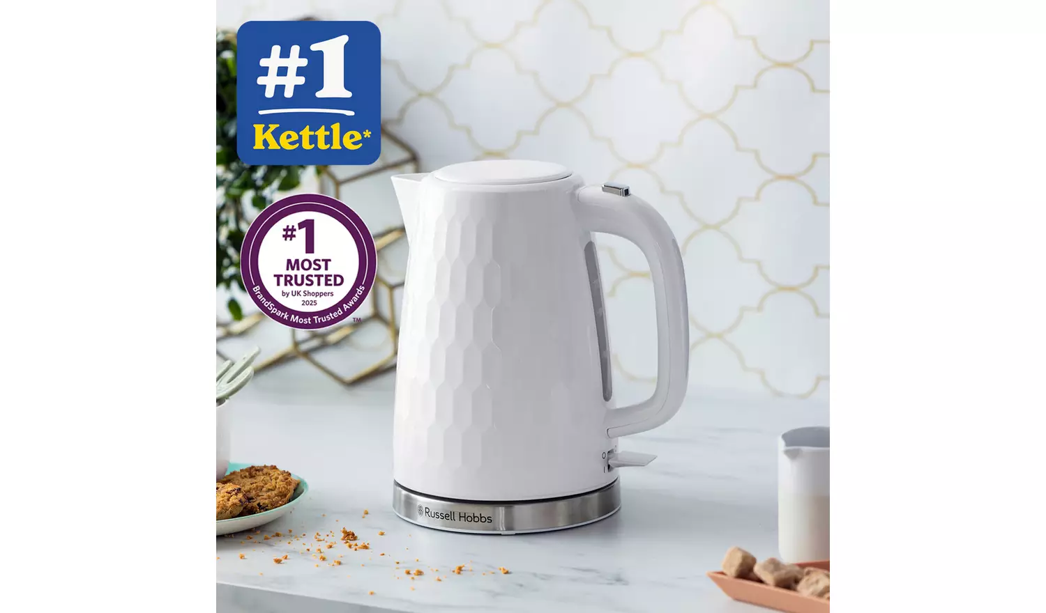 Russell Hobbs Honeycomb white plastic kettle with stainless steel base