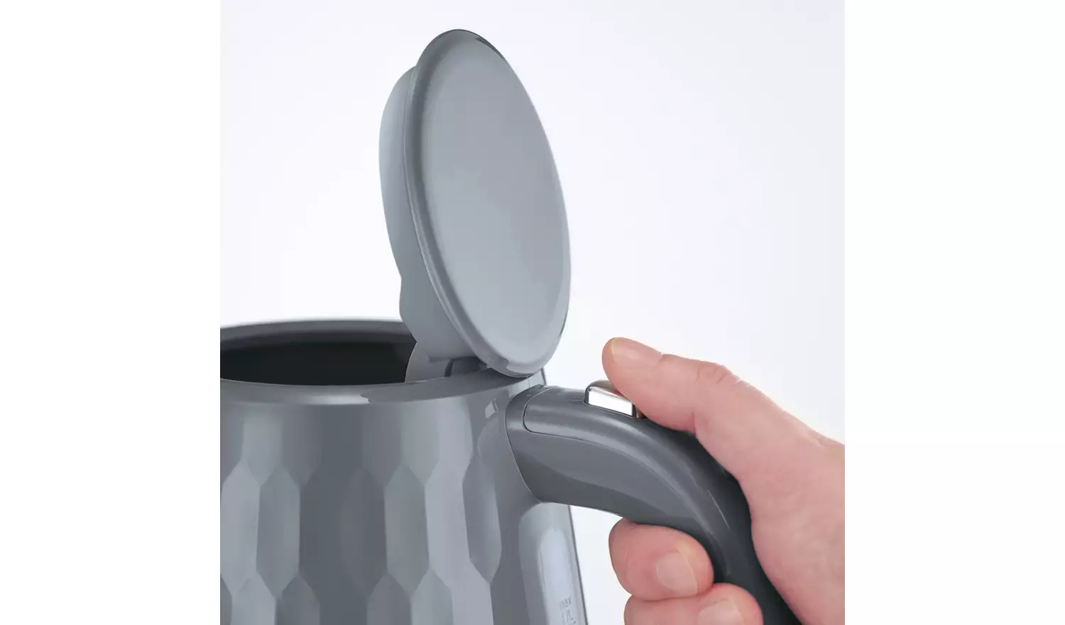 Russell Hobbs Honeycomb grey plastic kettle with lid open