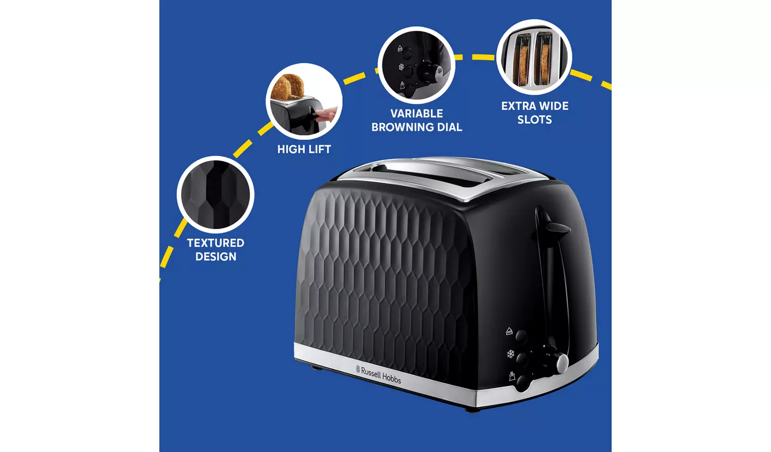 Russell Hobbs Honeycomb black two slice toaster with wide slots