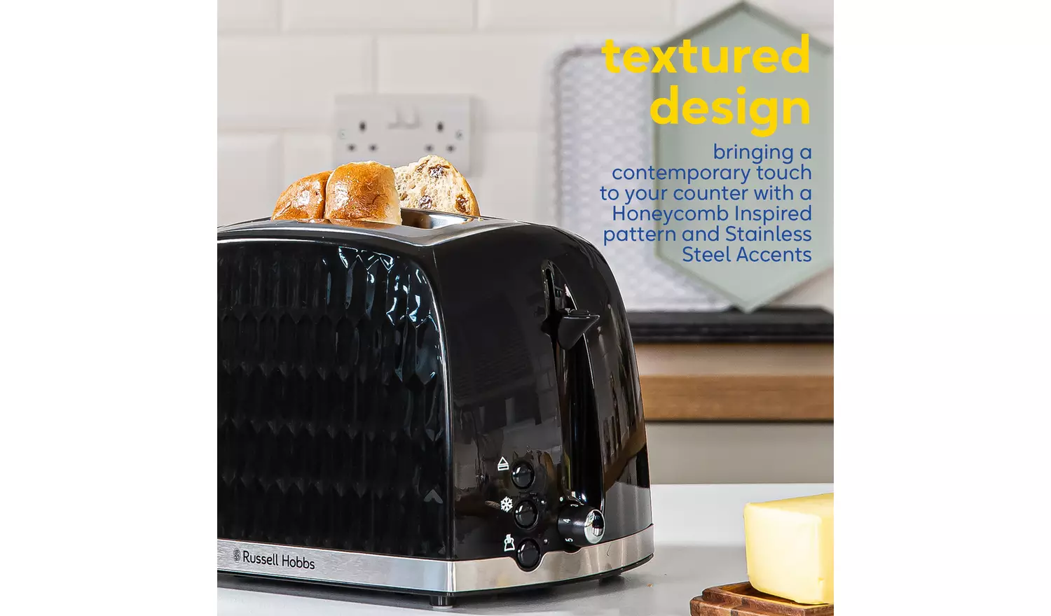 Russell Hobbs Honeycomb black two slice toaster with stainless steel accents