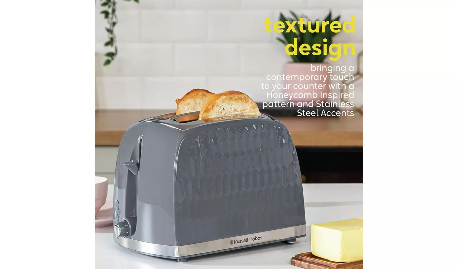 Russell Hobbs Honeycomb grey two slice toaster with stainless steel accents