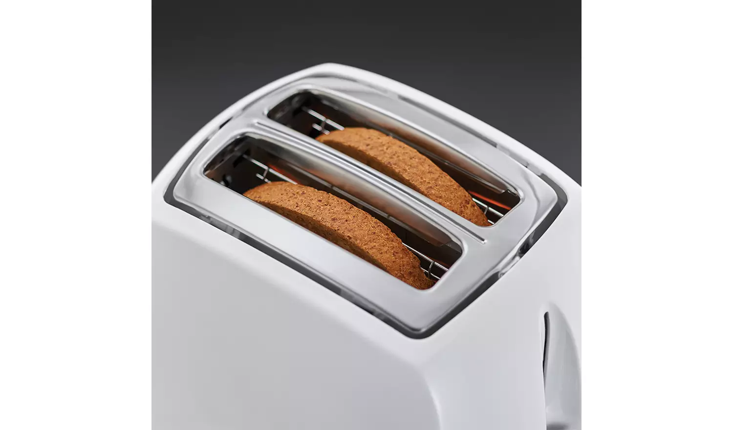 Russell Hobbs Textures white two slice toaster with browning bread visible inside slots