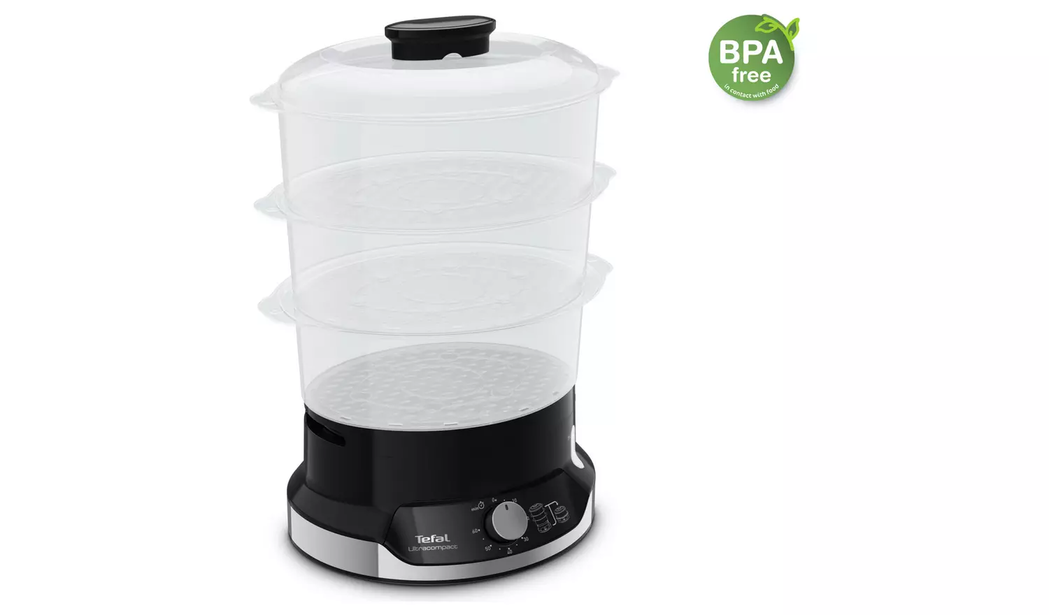 Tefal Ultracompact black three bowl steamer with black base unit