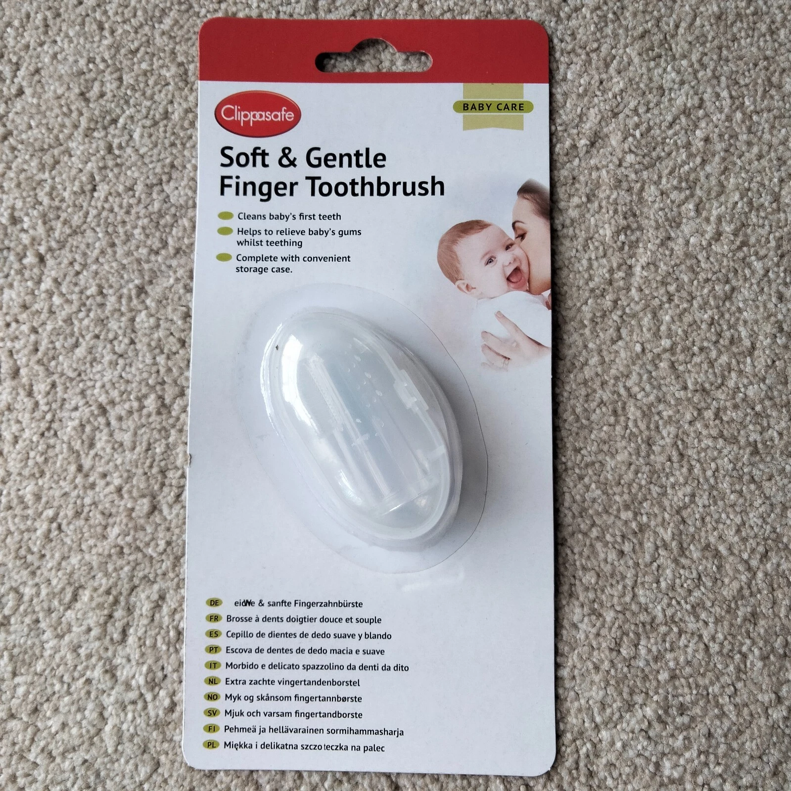 Clippasafe Soft and Gentle finger toothbrush, white, with storage case