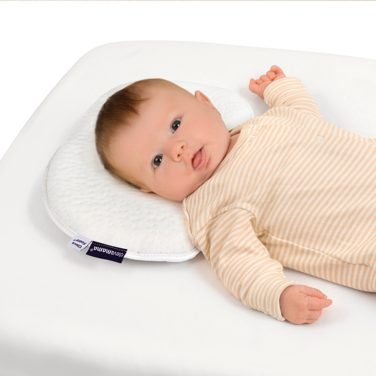 Clevamama Clevafoam white infant pillow for newborns 0-6 months breathable