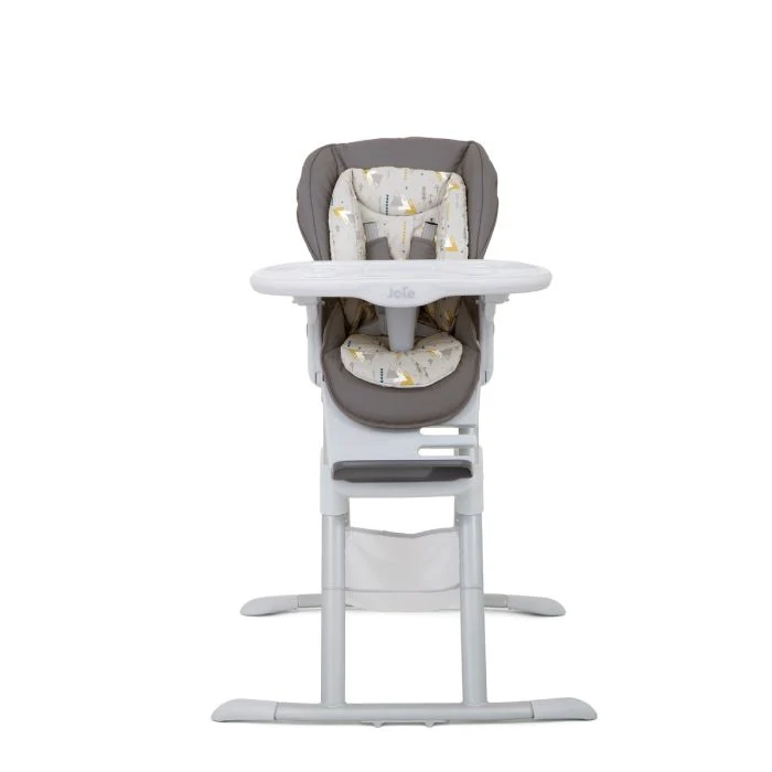 Joie Mimzy Spin 3in1 highchair with grey seat and geometric mountains design