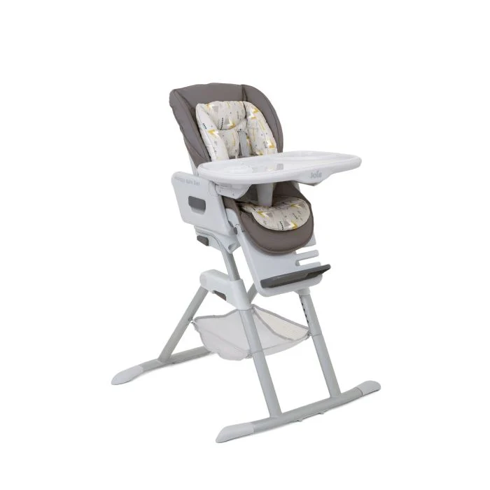 Joie Mimzy Spin 3in1 highchair with geometric mountains pattern and white frame