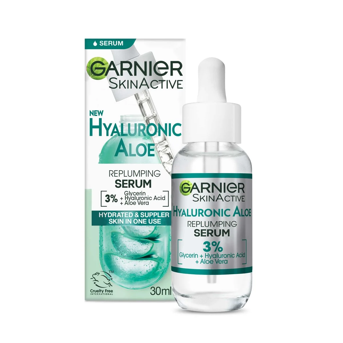 Garnier Skin Active Hyaluronic Aloe Replumping Serum 30ml bottle with dropper