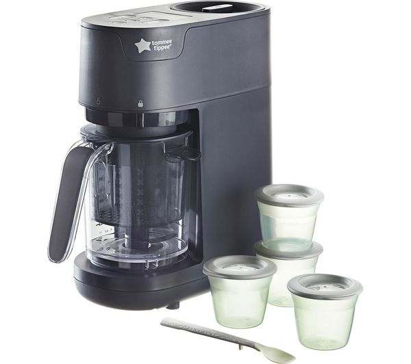 Tommee Tippee Quick Cook 6-in-1 black baby food maker with containers and spoon