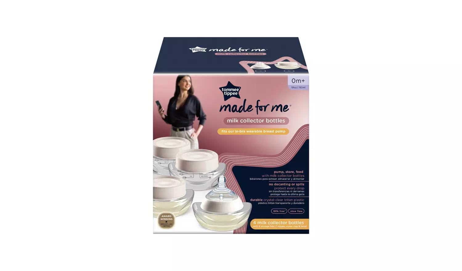 Tommee Tippee Made for Me milk collector bottles, pack of four, clear plastic