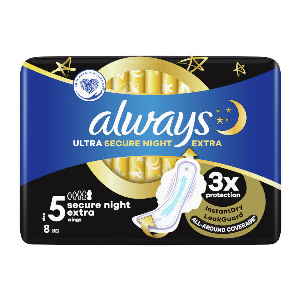 Always Ultra Secure Night Size 5 sanitary towels with wings, pack of eight pads