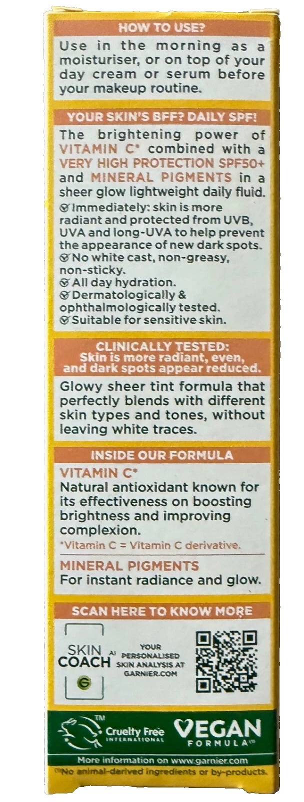 Garnier Vitamin C Daily UV Brightening Fluid SPF50+ 40ml bottle back packaging
