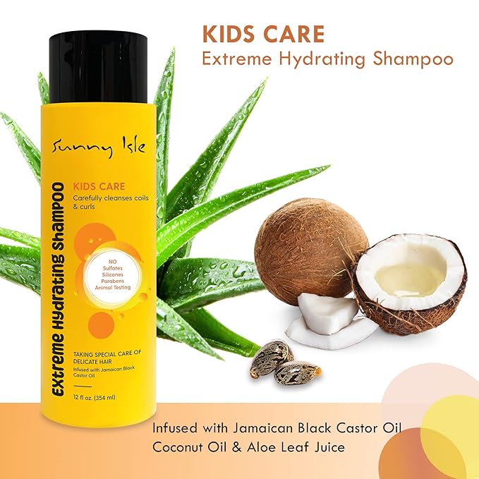 Sunny Isle Kids Care Extreme Hydrating Shampoo 354ml yellow bottle with black cap