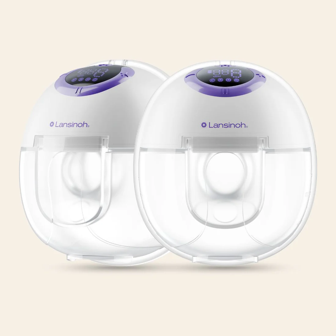 Lansinoh white and purple wearable double breast pump with digital display