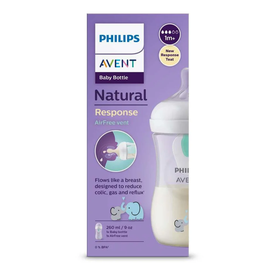 Philips Avent Natural Response 260ml baby bottle with elephant design and AirFree vent teat