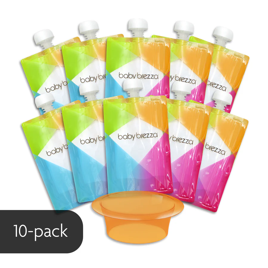Baby Brezza reusable baby food pouches 10-pack with white caps and orange container lid