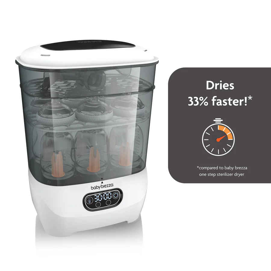 Baby Brezza Advanced steriliser dryer with white and grey base unit