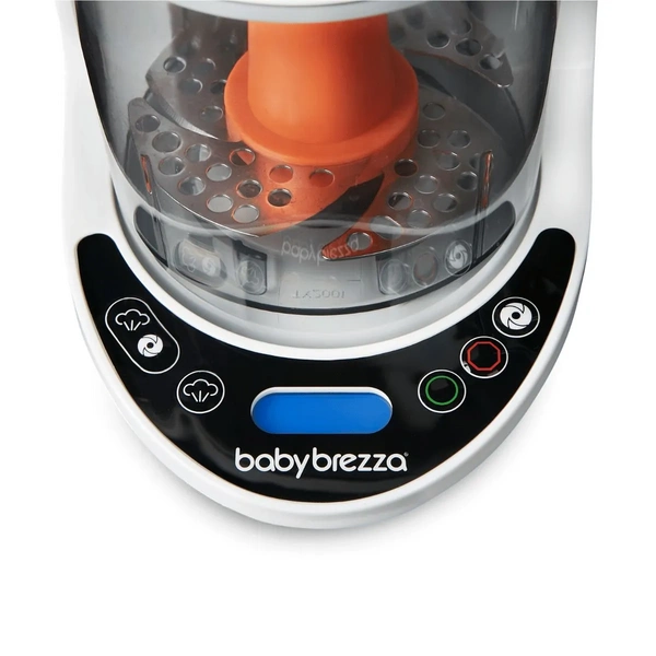 Baby Brezza Food Maker Deluxe steamer and blender with orange lid