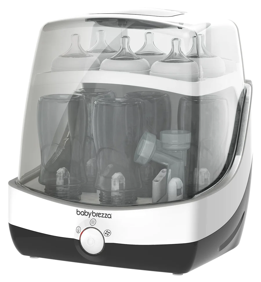 Baby Brezza Superfast Steriliser-Dryer white with bottles and teats inside