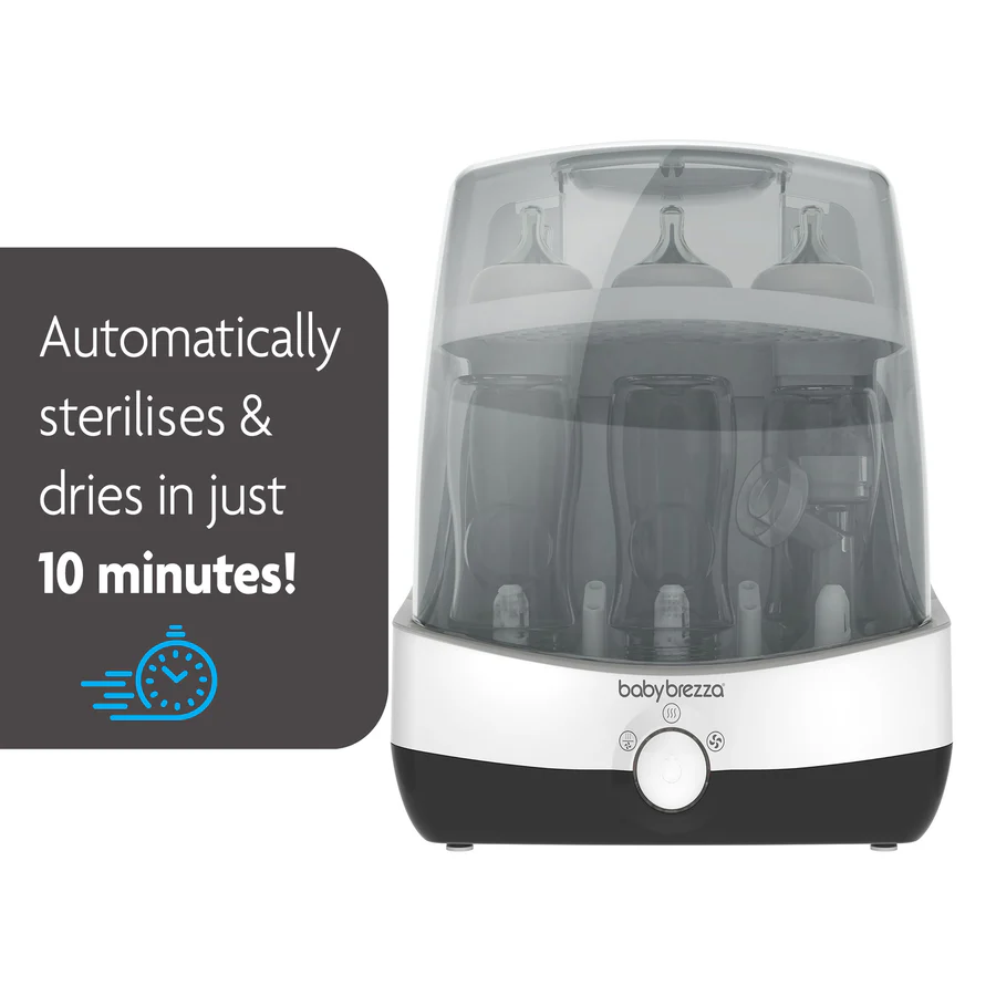Baby Brezza Superfast Steriliser-Dryer white and black electric bottle steriliser