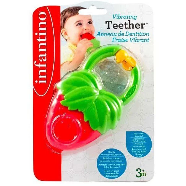 Infantino vibrating teether with red strawberry shape and green leaf design