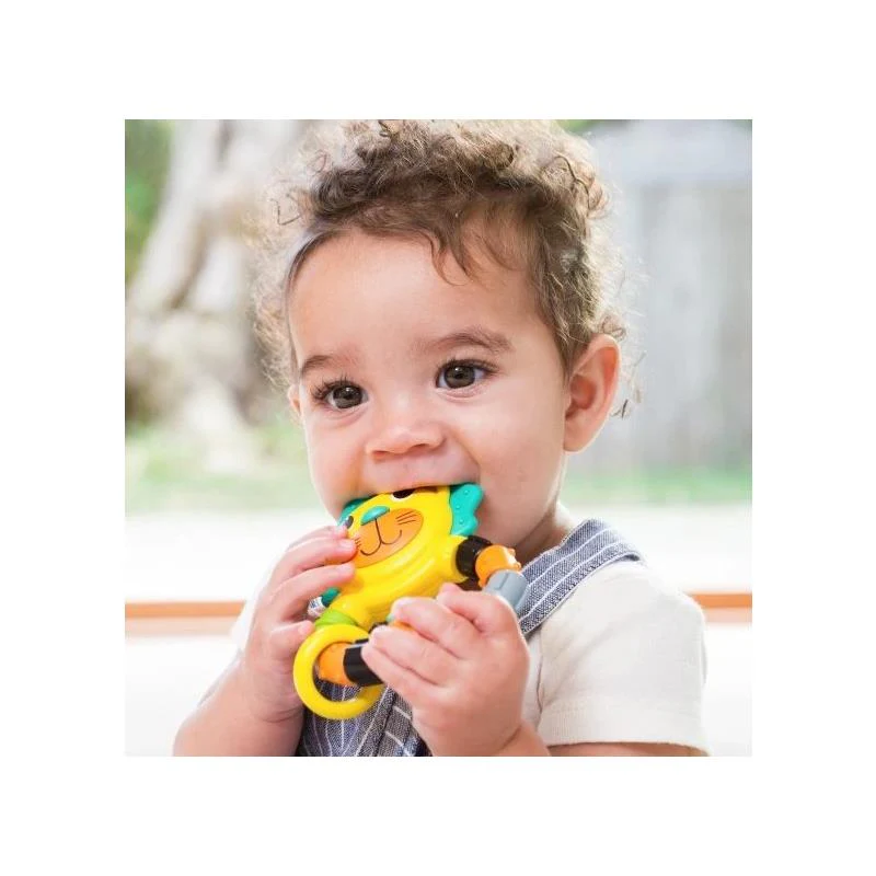 Infantino lion teether toy in yellow, red and turquoise for babies