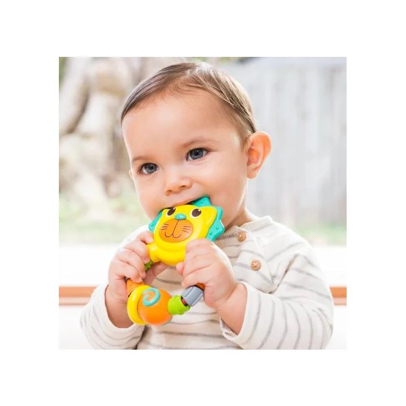 Infantino lion teether toy in yellow, red and turquoise colours