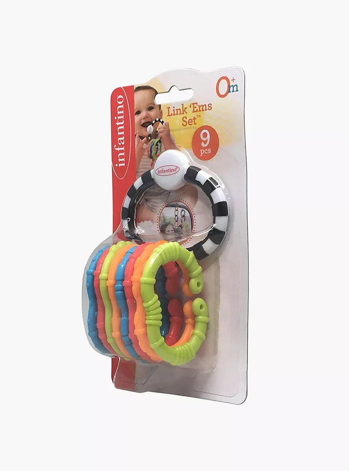 Infantino Link Ems Set baby rattling toy with nine coloured links and teething rings