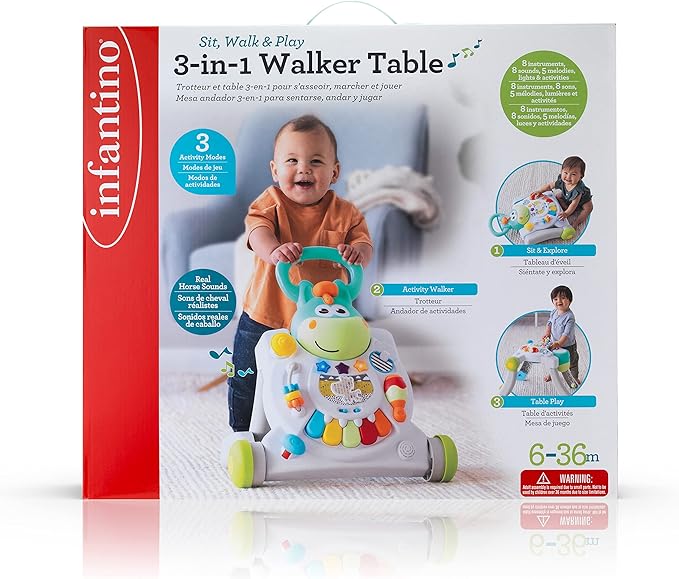 Infantino Sit, Walk & Play 3-in-1 Walker Table multicolour for babies six to thirty-six months