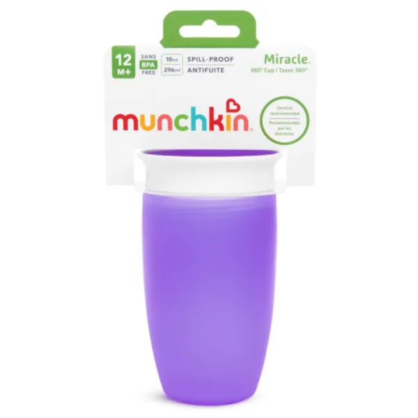 Munchkin Miracle 360 purple trainer cup 10oz with white lid and spill-proof design