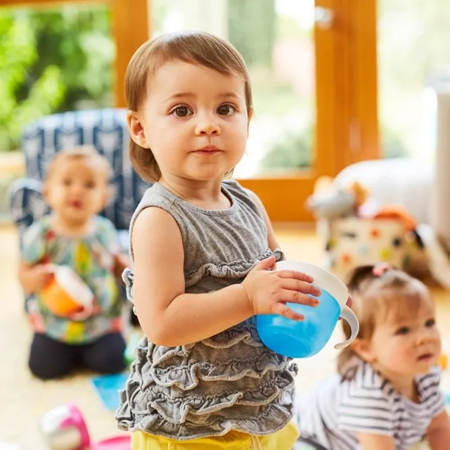 Munchkin silicone snack pot with lid, blue, soft-sided toddler container