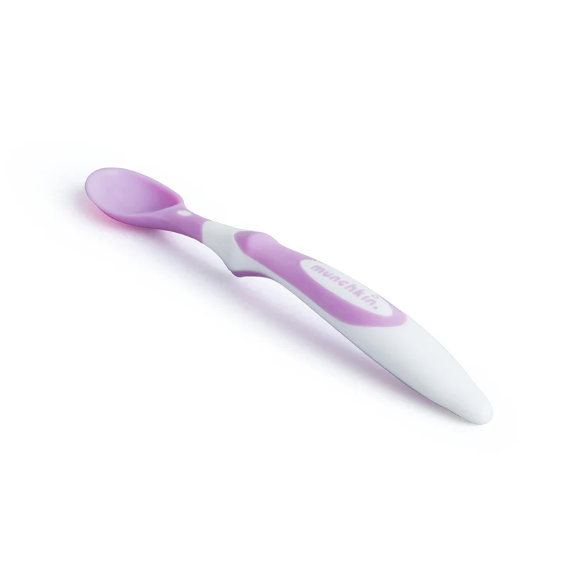 Munchkin soft tip infant spoon with purple and white handle, pack of 6