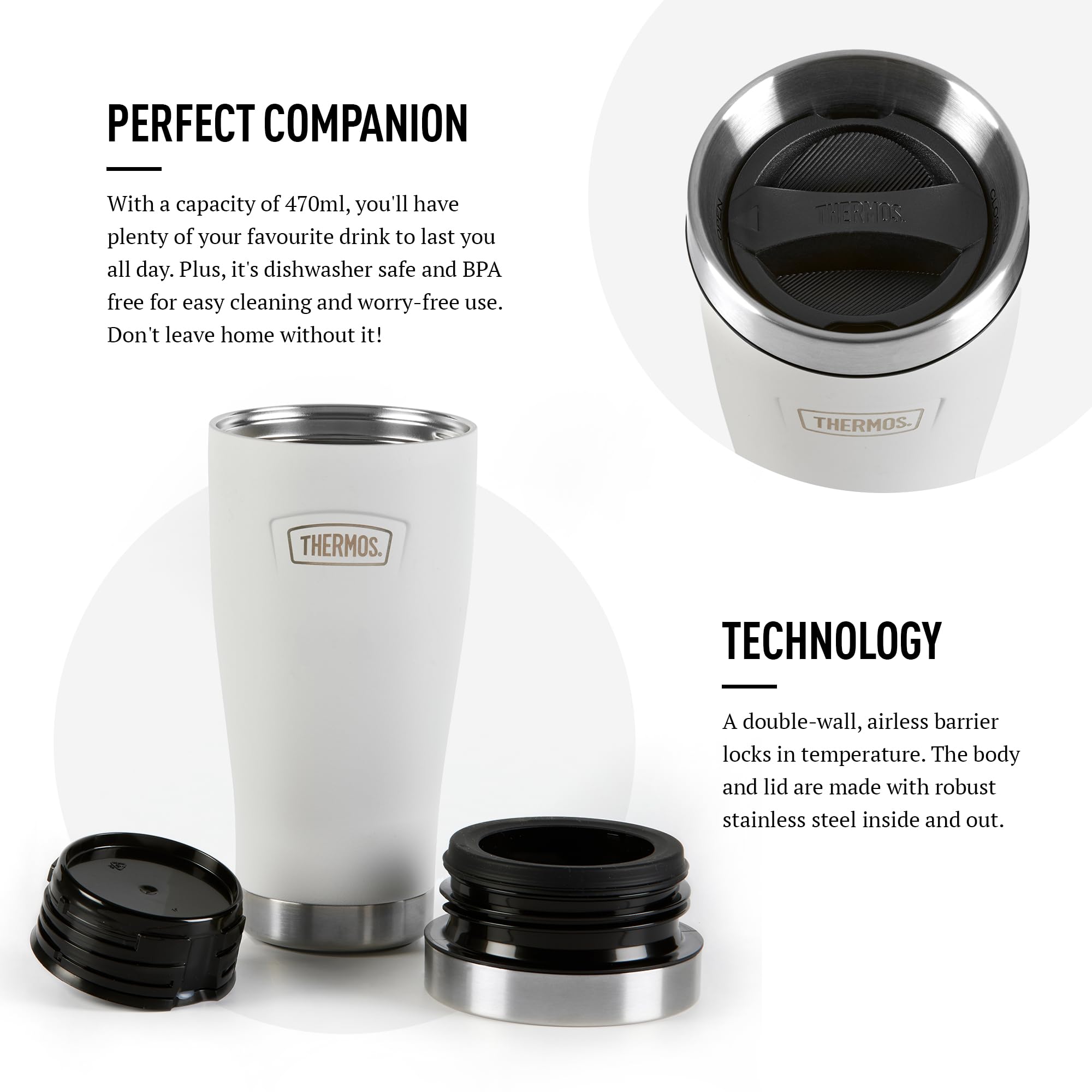 Thermos Icon white thermal mug 470 ml with black lid