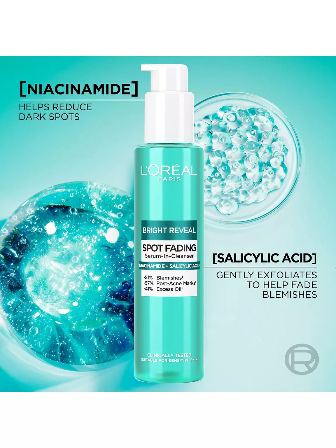 L'Oreal Paris Bright Reveal Spot Fading Serum-In-Cleanser 150ml turquoise bottle