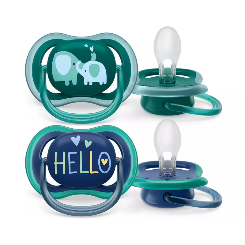 Philips Avent Ultra Air soothers 18m+, teal and navy, two-pack with elephant and hello design