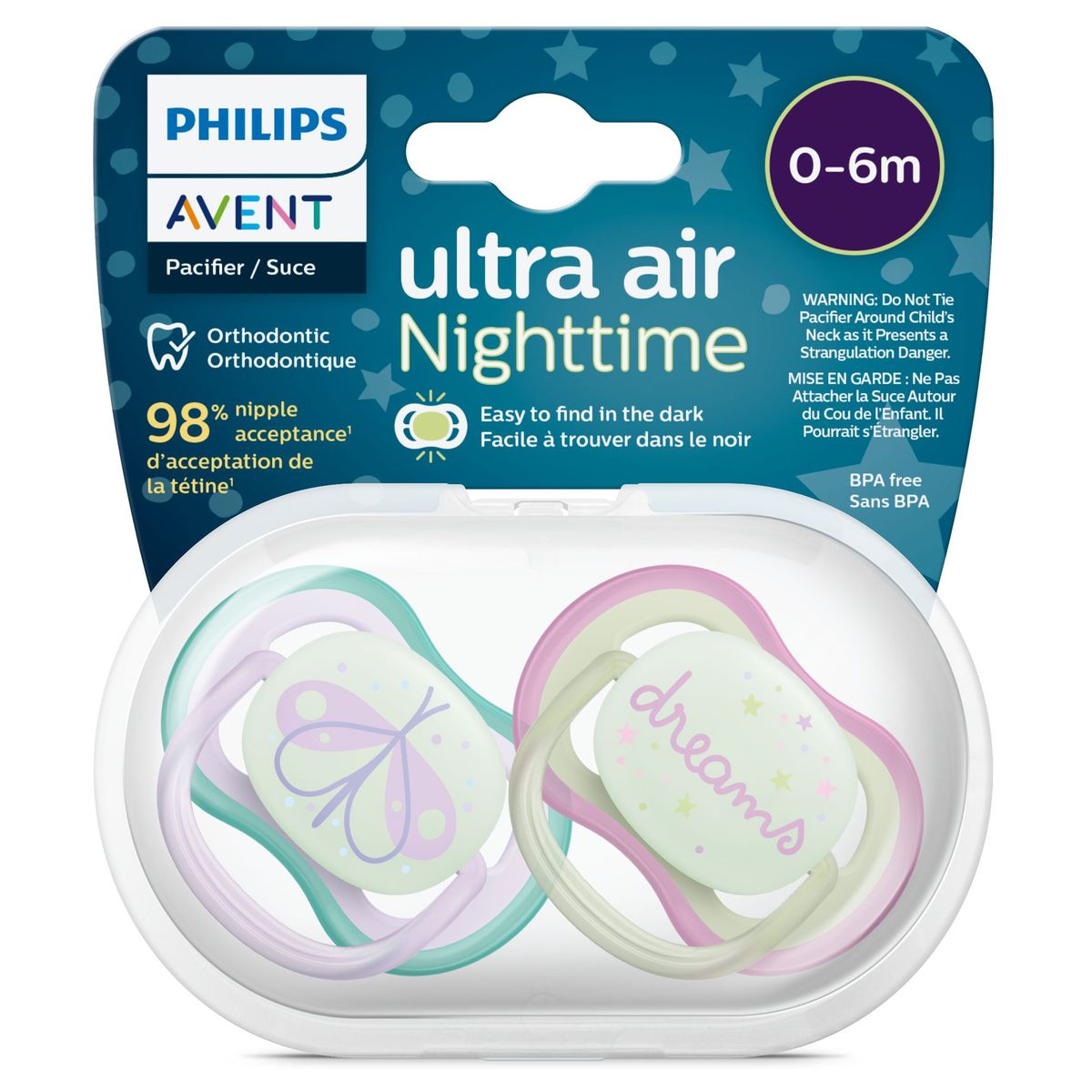 Philips Avent Ultra Air Nighttime soothers for girls aged 0-6 months, pack of 2