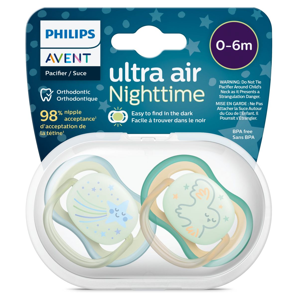 Philips Avent Ultra Air Nighttime soothers for 0-6 months, two pack, glow in dark