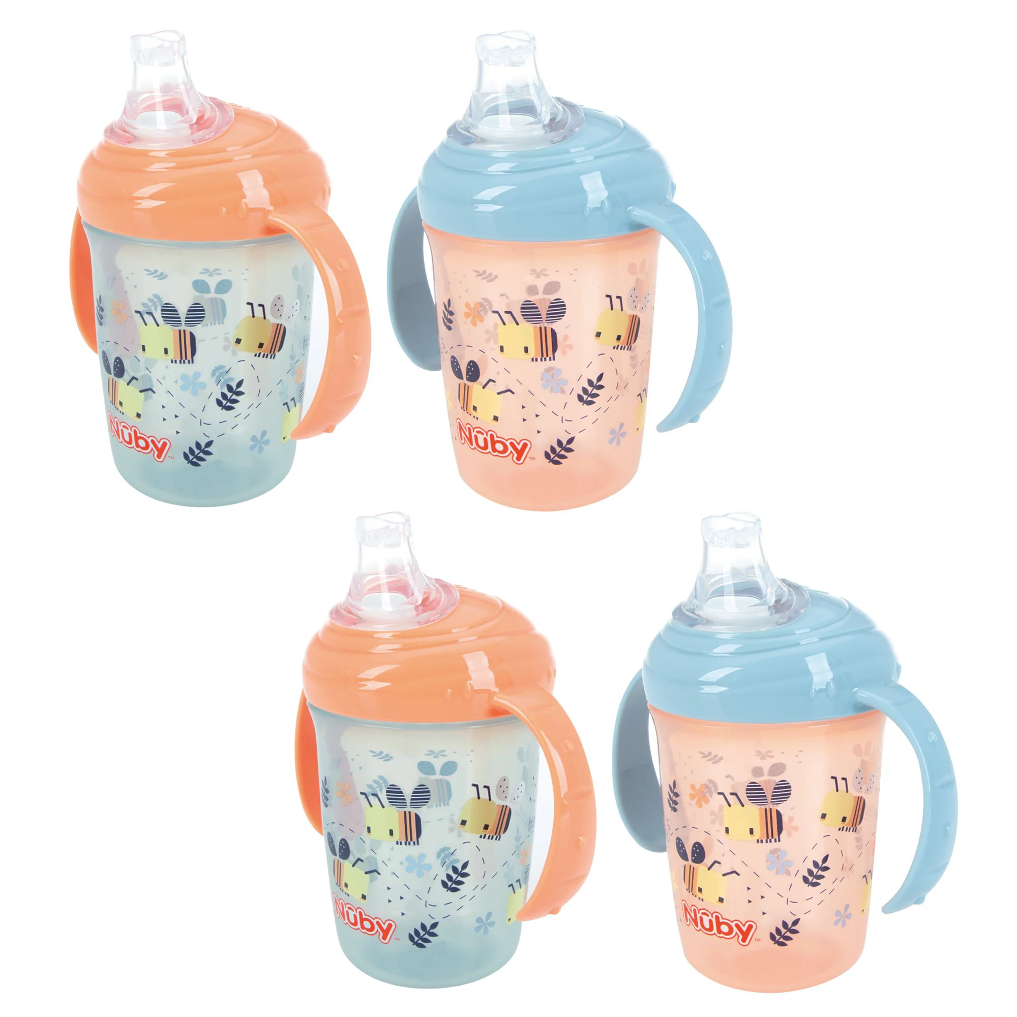 Nuby Grip N Sip baby cup 240ml with bee decoration and handles, orange and blue
