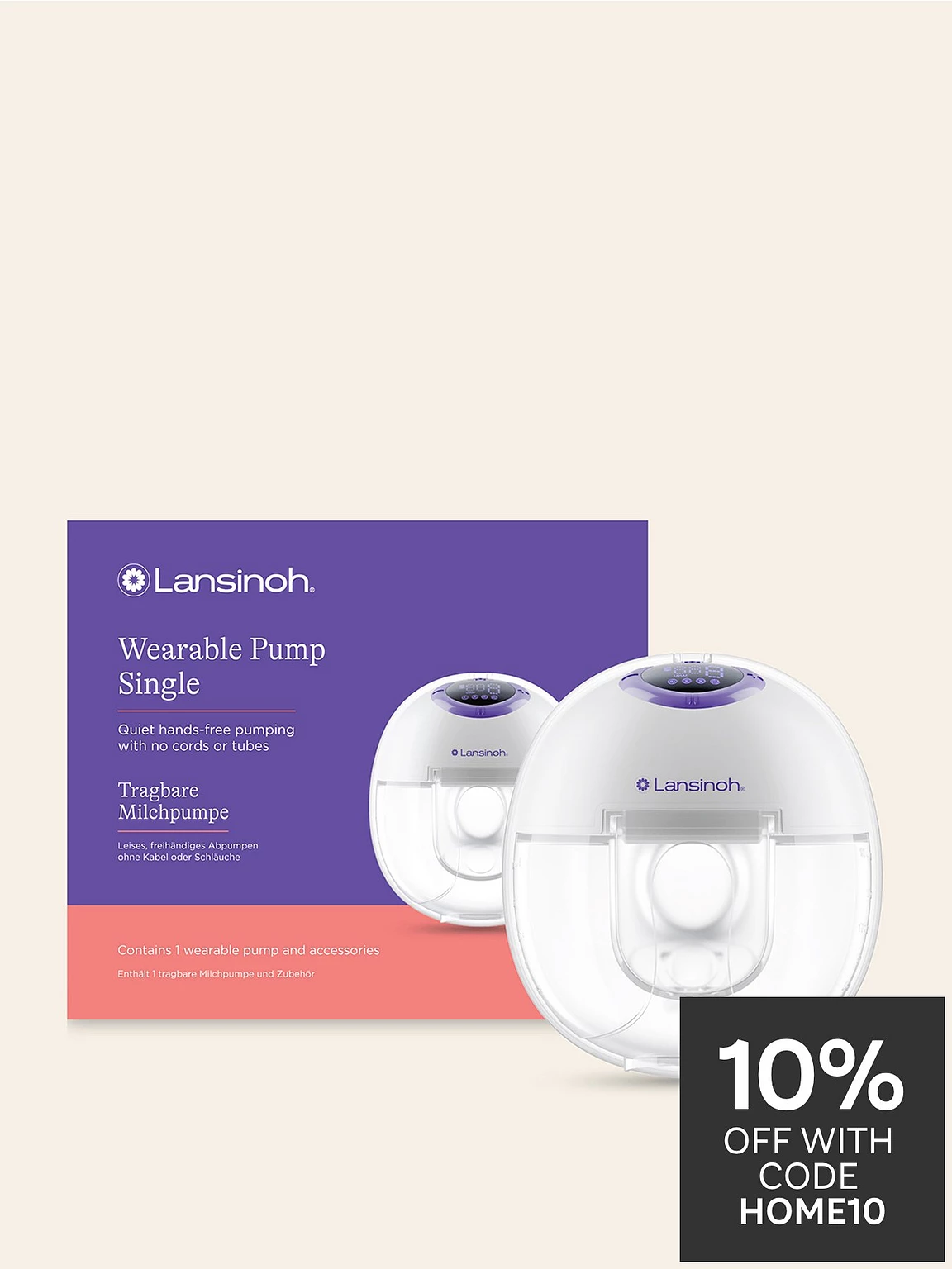 Lansinoh Wearable Single breast pump white with purple accents