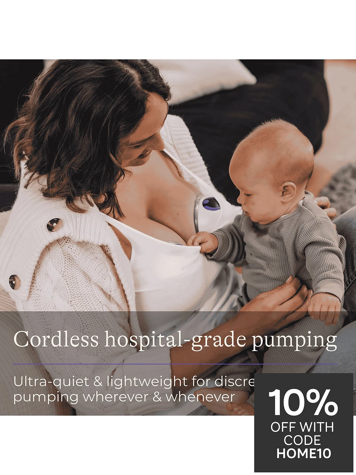 Lansinoh Wearable Single Pump white cordless breast pump attached to nursing mother