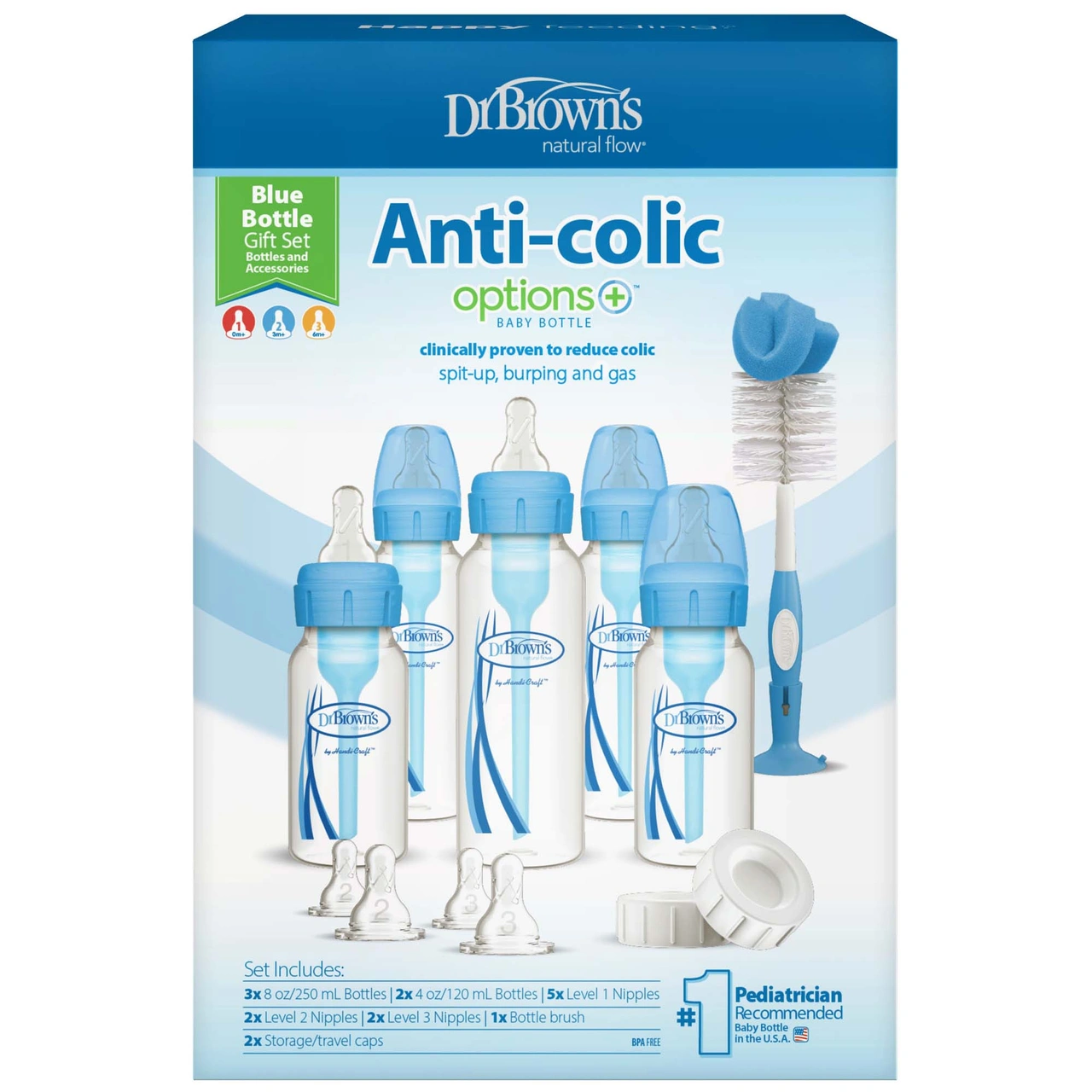 Dr Browns Anti-colic Options+ narrow neck blue baby bottle gift set with accessories