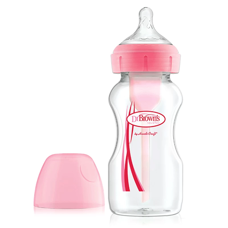 Dr Brown's Anti-Colic Options+ narrow neck pink baby bottle with sleeve