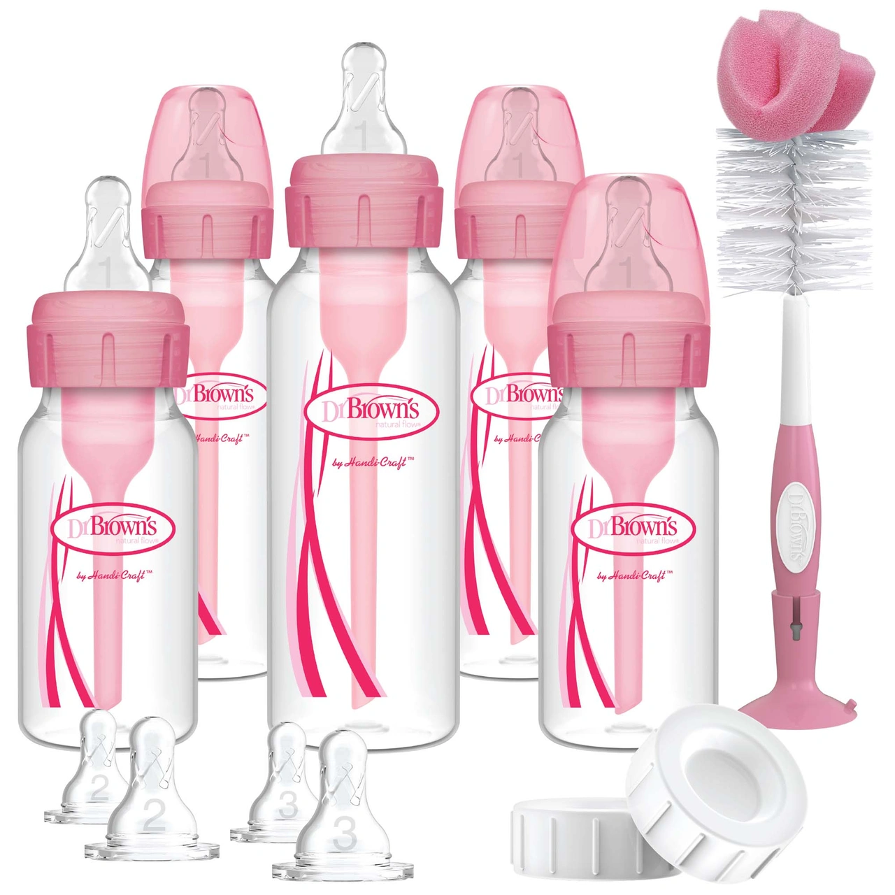 Dr Brown's Anti-Colic Options+ narrow neck pink baby bottle gift set with brush