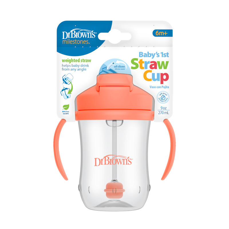 Dr Brown's Milestones Baby's 1st Straw Cup coral 270ml weighted straw