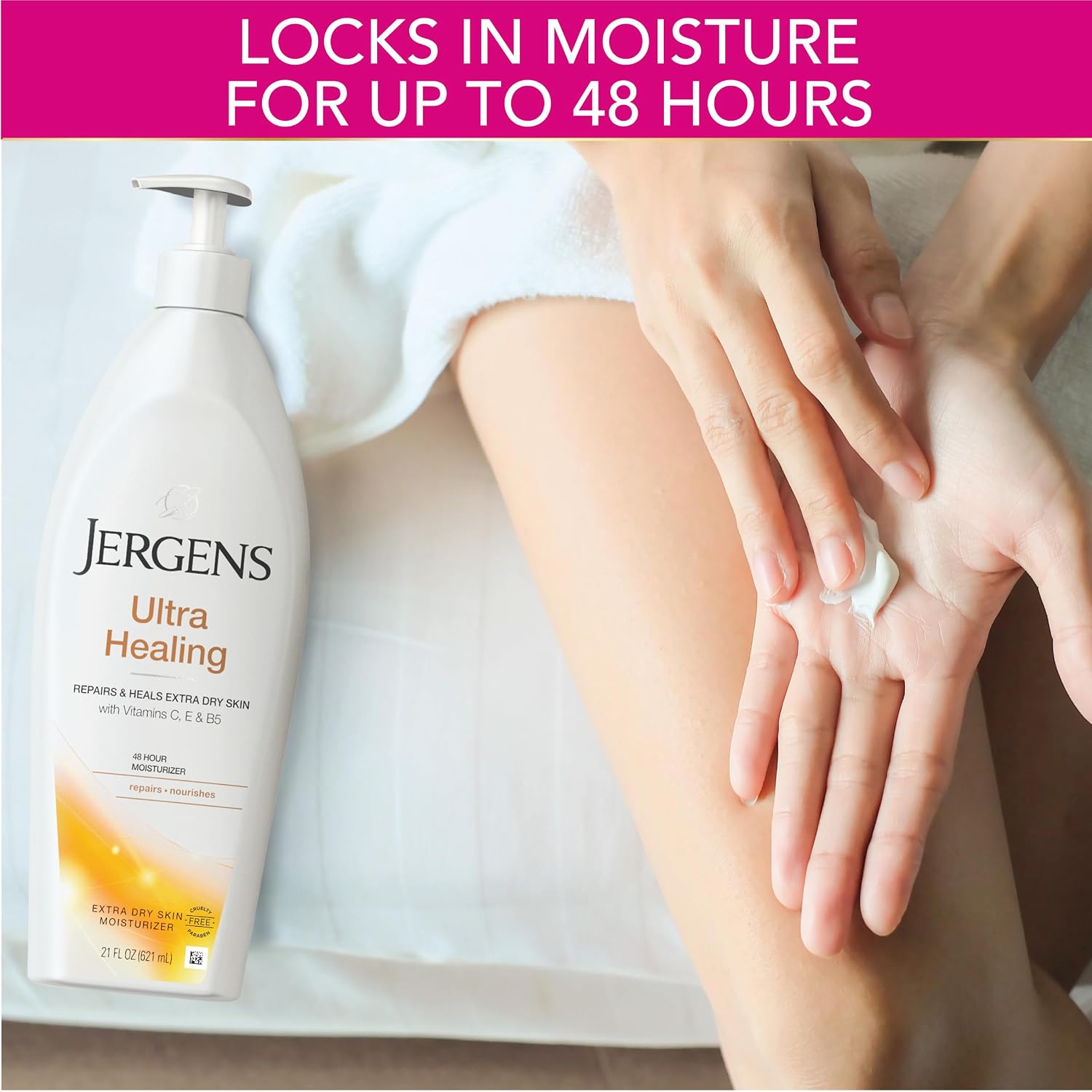 Jergens Ultra Healing Dry Skin Moisturizer, White 21 Fl Oz | Intense Moisture for Extra Dry, Cracked Skin, Vitamins C+E+B5, Fast-Absorbing, Dermatologist Tested — photo 3