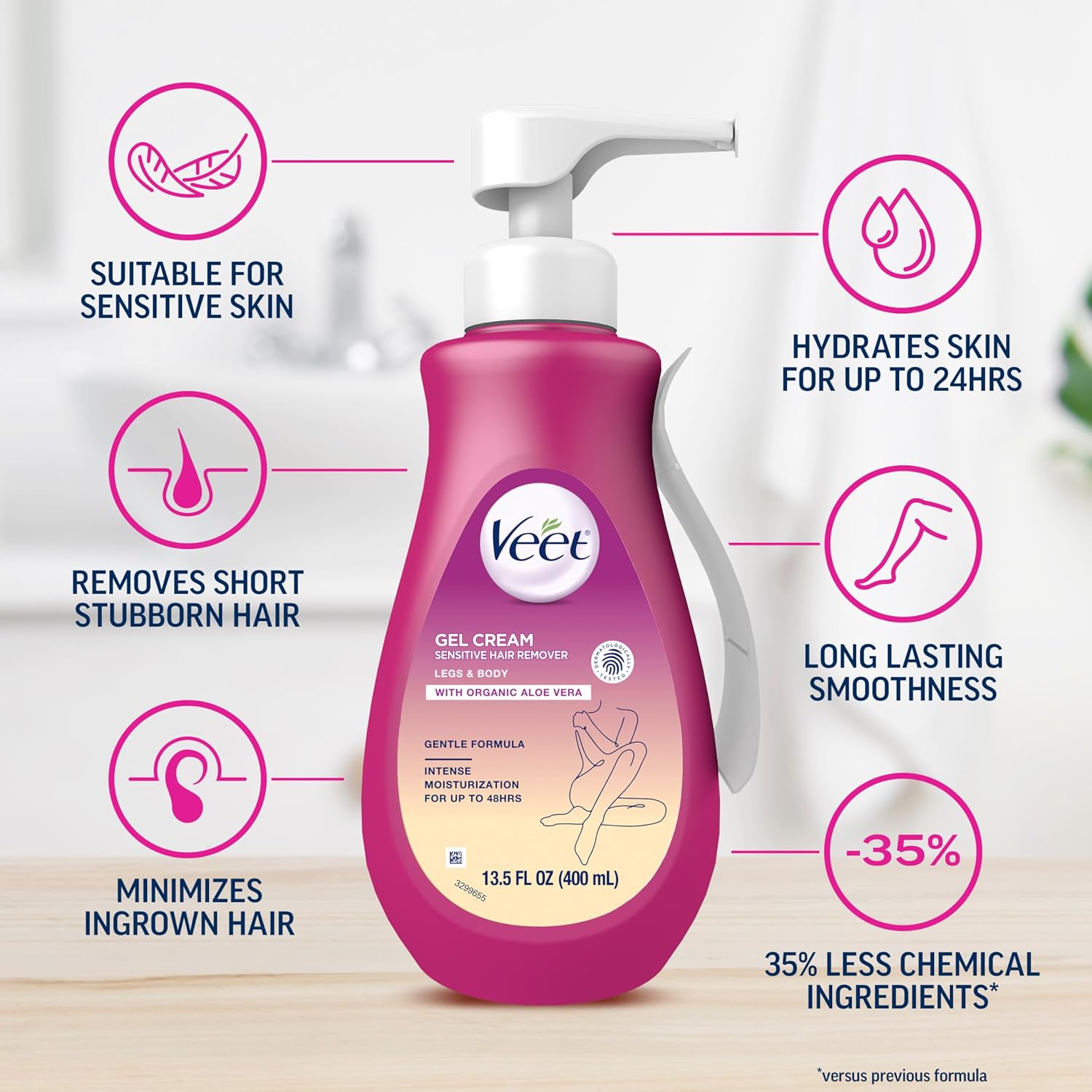 Veet Sensitive Skin Hair Removal Gel Cream (with Organic Aloe Vera & Vitamin E) 13.5 fl oz (400 ml). — photo 2