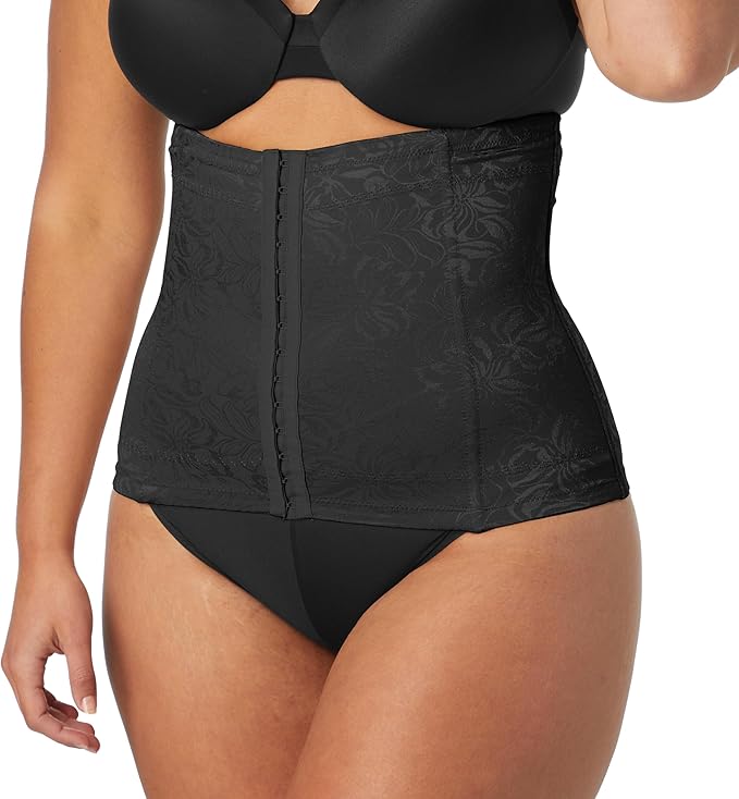 Black waist trainer corset with floral jacquard pattern and hook closure