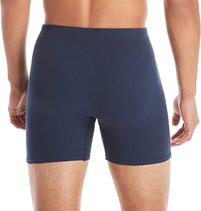 Hanes Tagless navy boxer briefs, pack of 6, rear view displayed on model