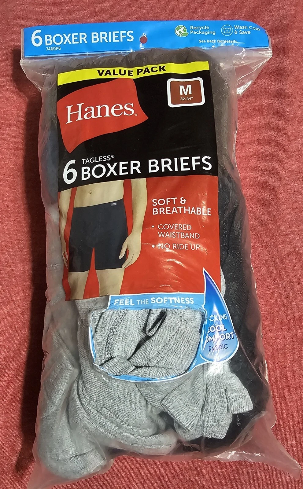 Hanes Tagless men's boxer briefs six pack assorted colours medium size